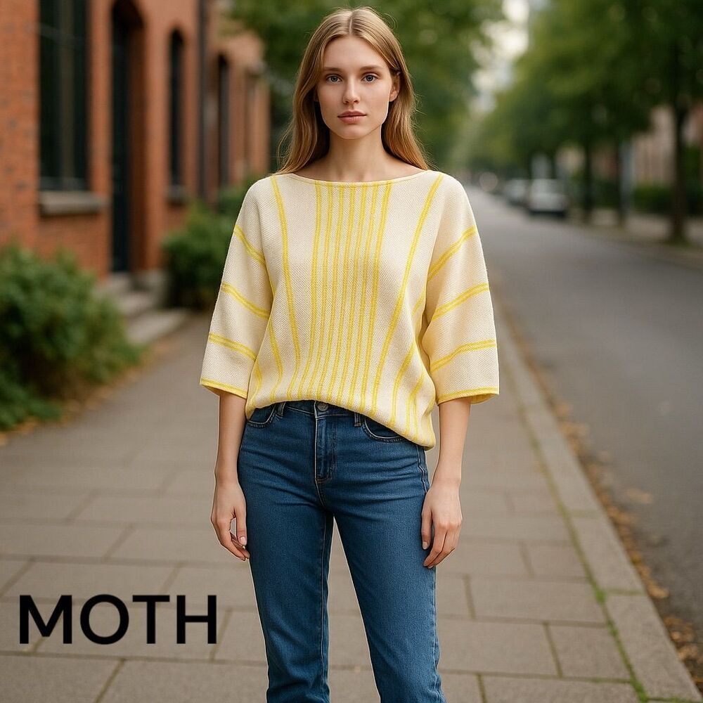 Anthropologie MOTH Women's Cotton Bright Yellow Striped Dolman Sleeve Sweater